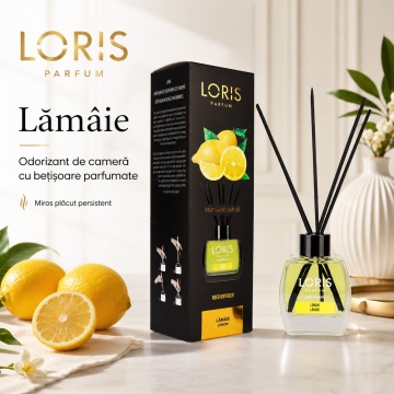 Odorizant de Cameră cu Bețișoare Parfumate Loris Parfum Lămâie, 120 ml, Esență Fresh Citrică, Miros Plăcut și Persistent