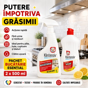 Pachet bucatarie esential Klintensiv, detergent de vase si degresant bucatarie, curatare si degresare rapida, 2x 500 ml, 4x Stickere - Img 2