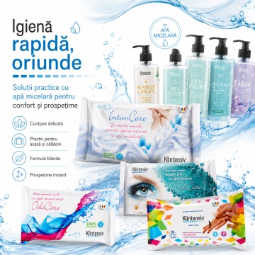 Pachet complet ingrijire Klintensiv, sapunuri Bujori si Frezii, Liliac si Iasomie 500 ml, geluri Summer Garden si Silk Garden 400 ml, sampon Anti-Cadere 400 ml, servetele IntimCare, demachiante, hartie umeda si dezinfectante, 10 produse, 4x Stickere - Img 3
