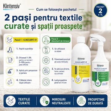 Pachet curatare textile si eliminare mirosuri Klintensiv Professional Textile Fresh, KLINOCARPET HF si absorbant profesional, 2x 1 L, 4x Stickere - Img 3