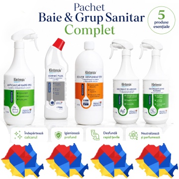 Pachet curatenie baie si grup sanitar Klintensiv Professional, Anticalcar Rapid RTU, Igienic Plus, desfundat tevi, absorbant mirosuri si odorizant Flowers, 5 produse, 4.75 L, 4x Stickere