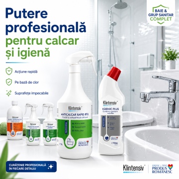 Pachet curatenie baie si grup sanitar Klintensiv Professional, Anticalcar Rapid RTU, Igienic Plus, desfundat tevi, absorbant mirosuri si odorizant Flowers, 5 produse, 4.75 L, 4x Stickere - Img 3