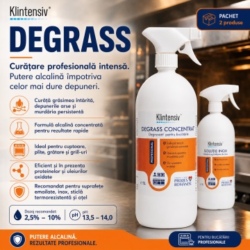 Pachet degresant profesional cuptor si solutie inox Klintensiv Professional, DEGRASS concentrat pentru grasime arsa si curatare suprafete metalice, 2x 1 L, 4x Stickere - Img 3