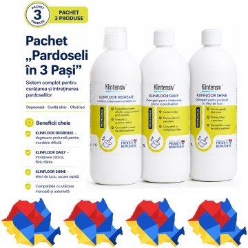 Pachet detergenti pardoseli Klintensiv Professional KLINFLOOR, DEGREASE, DAILY si SHINE, degresare, intretinere si luciu, 3 x 1 L, 4x Stickere