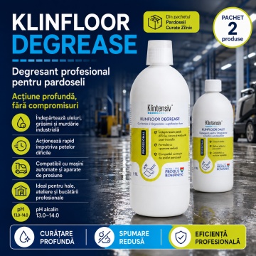 Pachet detergenti pardoseli Klintensiv Professional KLINFLOOR DEGREASE si KLINFLOOR DAILY, degresare profesionala si intretinere zilnica, 2x 1 L, 4x Sticker - Img 3