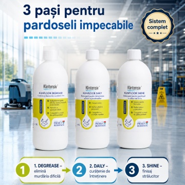 Pachet detergenti pardoseli Klintensiv Professional KLINFLOOR, DEGREASE, DAILY si SHINE, degresare, intretinere si luciu, 3 x 1 L, 4x Stickere - Img 3
