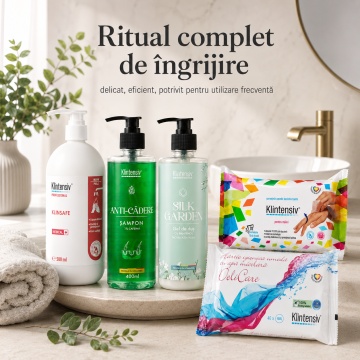 Pachet igiena completa Klintensiv, KlinSafe sapun delicat 500 ml, gel de dus Silk Garden 400 ml, sampon Anti-Cadere 400 ml, servetele dezinfectante 70 buc si hartie igienica umeda 40 buc, 5 produse, 4x Stickere - Img 3