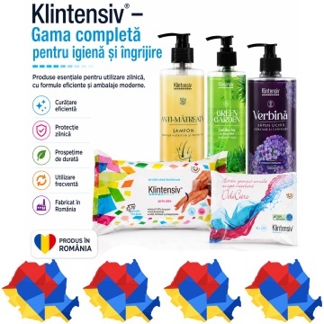 Pachet igiena completa Klintensiv, sapun lichid Verbina 500 ml, gel de dus Green Garden 400 ml, sampon Anti-Matreata 400 ml, hartie igienica umeda 40 buc si servetele dezinfectante maini 70 buc, 5 produse, 4x Stickere