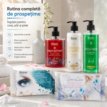 Pachet ingrijire completa Klintensiv, sapun Bujori si Frezii 500 ml, gel de dus Summer Garden 400 ml, sampon Anti-Cadere 400 ml, servetele IntimCare 40 buc si demachiante 25 buc, 5 produse, 4x Stickere - Img 3