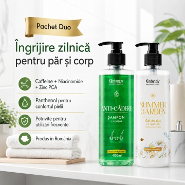 Pachet ingrijire par si corp Klintensiv, sampon Anti-Cadere 400 ml si gel de dus hidratant Summer Garden 400 ml, 2 produse, 800 ml, 4x Stickere - Img 3
