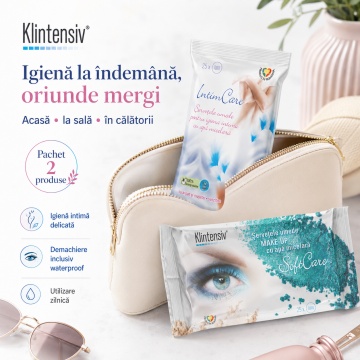 Pachet servetele umede Klintensiv, IntimCare pentru igiena intima 40 buc si servetele demachiante pentru fata 25 buc, 2 pachete, 65 servetele, 4x Stickere - Img 3