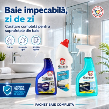 Pachet solutii curatenie baie, WC, geamuri si oglinzi Klintensiv, anticalcar, detartrant si efect antistatic, 3 produse, 1,75 L, 4x Stickere - Img 2