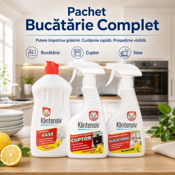 Pachet solutii curatenie bucatarie Klintensiv, degresant, solutie cuptor si detergent de vase, pentru grasime arsa si murdarie persistenta, 3x 500 ml, 4x Stickere - Img 2