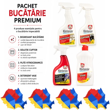 Pachet solutii curatenie bucatarie premium Klintensiv, degresant, solutie cuptor, solutie plita vitroceramica si detergent de vase, 4x 500 ml, 4x Stickere
