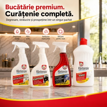 Pachet solutii curatenie bucatarie premium Klintensiv, degresant, solutie cuptor, solutie plita vitroceramica si detergent de vase, 4x 500 ml, 4x Stickere - Img 2