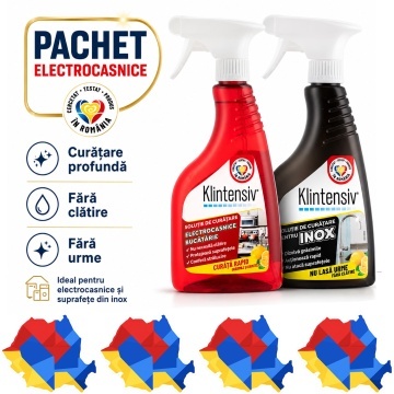 Pachet solutii curatenie electrocasnice si inox Klintensiv, spray pentru frigidere, hote, cuptoare si suprafete inox, fara urme, 2x 500 ml, 4x Stickere