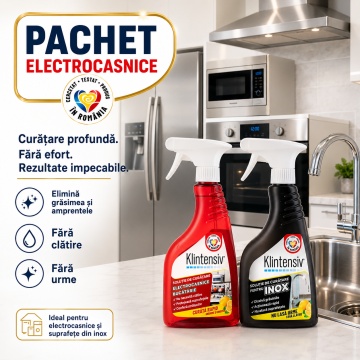 Pachet solutii curatenie electrocasnice si inox Klintensiv, spray pentru frigidere, hote, cuptoare si suprafete inox, fara urme, 2x 500 ml, 4x Stickere - Img 2