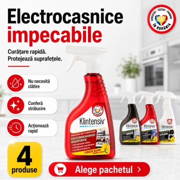 Pachet solutii curatenie electrocasnice si suprafete delicate Klintensiv, pentru inox, plita vitroceramica, teflon si aparate electrocasnice, 4x 500 ml, 4x Stickere - Img 2