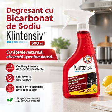 Pachet solutii curatenie generala intensiva Klintensiv, degresant cu bicarbonat, solutie baie, gel detartrant WC si detergent pardoseli, 4 produse, 2,75 L, 4x Stickere - Img 2