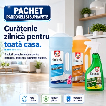 Pachet solutii curatenie pardoseli, parchet si suprafete Klintensiv KlinSmart, detergent pardoseli, solutie parchet si protectie remanenta, 3 produse, 2,5 L, 4x Stickere - Img 2