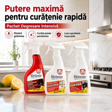 Pachet solutii degresare intensiva Klintensiv, degresant cu bicarbonat, degresant bucatarie si solutie cuptor, pentru grasime arsa si depuneri persistente, 3x 500 ml, 4x Stickere - Img 2