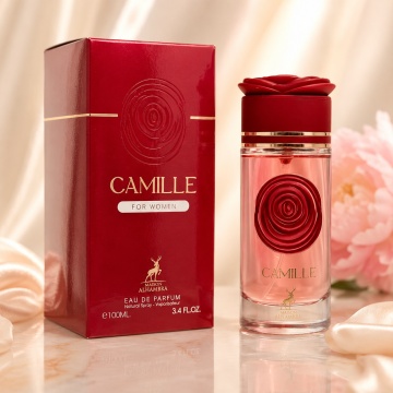Parfum Arăbesc Alhambra Camille 100 ml, Apă de Parfum Damă, Inspirat Midnight Rose, Aromă Floral Fructată Feminină cu Bergamotă, Fructe Delicate, Pară, Bujor, Flori Albe, Iasomie, Trandafir, Lemn Alb, Mosc și Vanilie