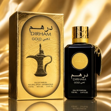 Parfum Arăbesc Ard Al Zaafaran Dirham Gold 100 ml, Apă de Parfum Unisex, Damă și Bărbat, Inspirat Royal Oud, Aromă Oriental Ambrată cu Bergamotă, Condimente, Fructe Dulci, Iasomie, Lemn de Santal, Trandafir, Patchouli, Ambră, Mosc și Vanilie