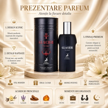 Parfum Arăbesc Bărbat Glacier Ultra Maison Alhambra 100 ml, Apă de Parfum, Inspirat de Ultra Male Jean Paul Gaultier, Aromă Oriental Fougere Dulce Condimentată cu Bergamotă, Lămâie, Lavandă, Mentă, Pară, Scorțișoară, Salvie, Chimion, Vanilie, Ambră, Cedru - Img 3