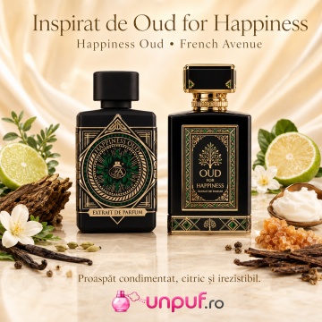 Parfum Arăbesc Bărbat Happiness Oud French Avenue 80 ml, Extrait de Parfum, Inspirat de Initio Oud For Happiness, Aromă Oriental Florală cu Oud, Litchi, Bergamotă, Șofran, Iasomie, Pralină, Trandafir, Ambră, Mosc, Vanilie, Citrice, Ghimbir și Note Lemnoas - Img 8