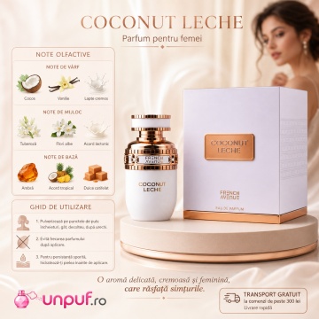 Parfum Arăbesc Coconut Leche French Avenue 100 ml, Apă de Parfum Damă, Inspirat Blanche Bête, Aromă Gourmand Cremoasă cu Cocos, Vanilie, Lapte Cremos, Tuberoză, Flori Albe, Acord Lactonic, Ambră, Note Dulci și Acord Tropical - Img 9