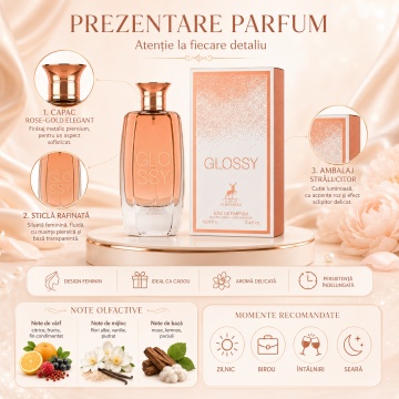 Parfum Arăbesc Damă Glossy Maison Alhambra 100 ml, Apă de Parfum, Inspirat de Idôle L’Intense Lancôme, Aromă Floral Orientală cu Frezie, Bergamotă, Ceai, Floare de Portocal, Iasomie, Orhidee, Trandafir, Mosc, Paciuli și Vanilie - Img 3