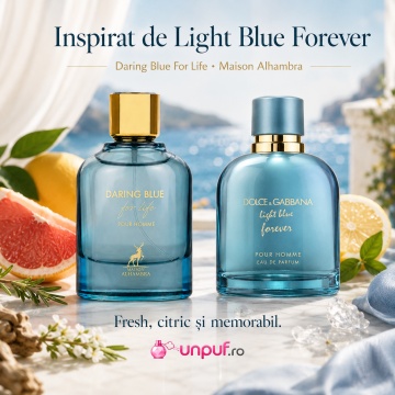 Parfum Arăbesc Daring Blue For Life Maison Alhambra 100 ml, Apă de Parfum Bărbați, Inspirat Light Blue Forever Dolce & Gabbana, Aromă Lemnos Acvatică Fresh cu Bergamotă, Grepfrut, Frunze de Violetă, Note Ozonice, Mosc, Paciuli și Vetiver - Img 8