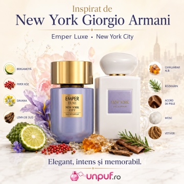 Parfum Arăbesc Emper Luxe New York City 100 ml, Apă de Parfum Unisex, Damă și Bărbat, Inspirat New York Giorgio Armani, Aromă Oriental Ambrată Fresh Woody cu Citrice, Condimente, Șofran, Rășini, Flori Albe, Note Balsamice, Cedru, Ambră, Mosc și Vanilie - Img 8