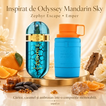 Parfum Arăbesc Emper Zephyr Escape 100 ml, Apă de Parfum Unisex, Damă și Bărbat, Inspirat Odyssey Mandarin Sky, Aromă Aromatic Orientală Fresh cu Citrice, Condimente, Note Proaspete, Flori Albe, Lavandă, Note Calde, Lemn de Cedru, Ambră și Mosc - Img 8