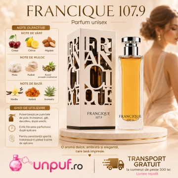 Parfum Arăbesc Francique 107.9 Eau de Parfum 80 ml, Apă de Parfum Unisex, Damă și Bărbat, French Avenue, Inspirat Rouge Smoking BDK, Aromă Floral Fructat Ambrată cu Ghimbir, Mandarină, Piper Roz, Gutui, Iasomie, Trandafir Marocan, Patchouli, Ambră, Mosc ș - Img 9