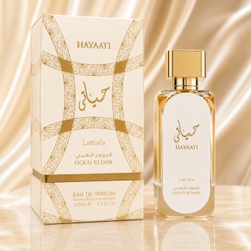 Parfum Arăbesc Hayaati Gold Elixir Lattafa 100 ml, Apă de Parfum Unisex, Aromă Oriental Vanilată cu Anason, Lemn de Santal, Ylang-Ylang, Cedru, Note Pudrate, Ambră și Vanilie