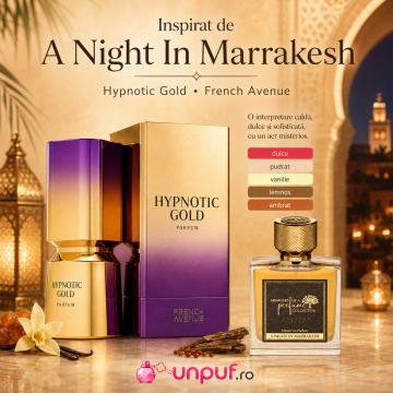 Parfum Arăbesc Hypnotic Gold French Avenue 100 ml, Apă de Parfum Unisex, Damă și Bărbat, Inspirat A Night In Marrakesh, Aromă Oriental Ambrată Dulce și Cald Condimentată cu Șofran, Citrice, Rășini, Flori Albe, Note Balsamice, Vanilie, Iris, Miere, Lemn de - Img 8