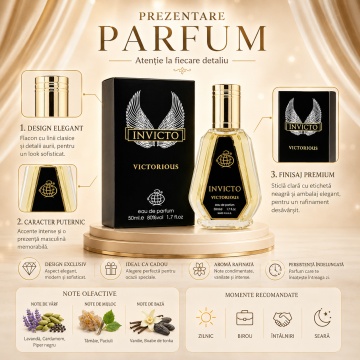 Parfum Arăbesc Invicto Victorious Fragrance World 50 ml, Apă de Parfum Bărbat, Aromă Aromatic Acvatică Proaspătă cu Grapefruit, Acord Marin, Mandarină, Dafin, Iasomie, Ambergris, Patchouli, Lemn de Guaiac și Mușchi - Img 3