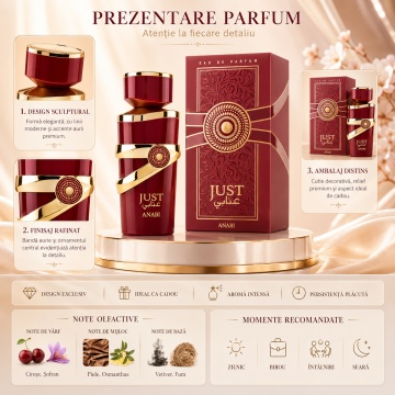 Parfum Arăbesc Just Anabi Fragrance World 100 ml, Apă de Parfum Damă, Aromă Oriental Condimentată cu Cireașă, Șofran, Piele, Osmanthus, Note Afumate, Cipriol, Vetiver, Lemn de Cedru și Mosc - Img 3