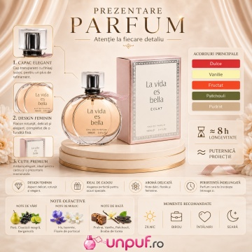 Parfum Arăbesc La Vida es Bella Fragrance World 100 ml, Apă de Parfum Damă, Aromă Floral Fructată Gourmand cu Coacăze Negre, Pară, Floare de Portocal, Iasomie, Iris, Patchouli, Tonka, Pralină și Vanilie - Img 3