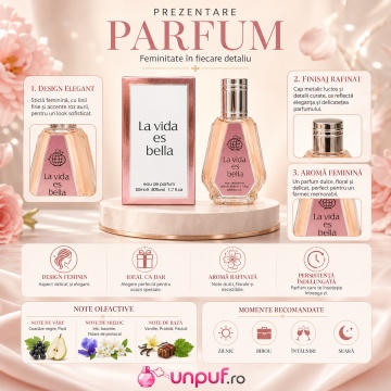 Parfum Arăbesc La Vida es Bella Fragrance World 50 ml, Apă de Parfum Damă, Aromă Floral Fructată Gourmand cu Coacăze Negre, Pară, Floare de Portocal, Iasomie, Iris, Patchouli, Boabe de Tonka, Pralină și Vanilie - Img 3