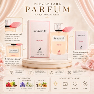 Parfum Arăbesc La Vivacité Intensa Maison Alhambra EDP 100 ml Femei, Inspirat La Vie Est Belle Intensément, Aromă Oriental Florală cu Zmeură, Bergamotă, Piper Roz, Heliotrop, Portocală și Iasomie - Img 3