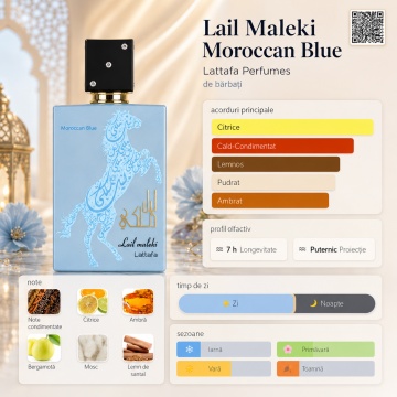 Parfum Arăbesc Lail Maleki Moroccan Blue Lattafa 100 ml, Apă de Parfum Bărbat, Aromă Lemnos Aromatică cu Bergamotă, Citrice, Ambră, Mosc, Note Florale, Oud, Lemn de Santal și Paciuli - Img 3