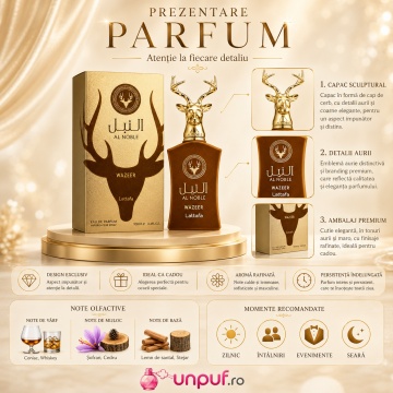 Parfum Arăbesc Lattafa Al Noble Wazeer 100 ml, Apă de Parfum Unisex, Aromă Lemnos Aromatică cu Bergamotă, Ienupăr, Mentă, Portocală, Ciocolată, Zmeură, Caramel, Iris, Pară, Ambră, Cedru, Santal, Mosc, Vanilie și Vetiver - Img 3