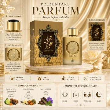 Parfum Arăbesc Lattafa Golden Oud EDP 100 ml Unisex, Inspirat Oud Bouquet, Aromă Lemnoasă cu Oud, Ambră, Vanilie, Caramel, Mosc, Vetiver, Paciuli și Lemn de Santal - Img 3