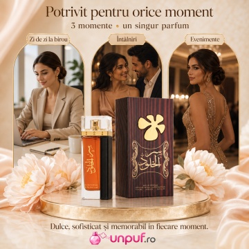 Parfum Arăbesc Lattafa Ser Al Khulood Brown EDP 100 ml Damă, Inspirat Mon Paris, Aromă Floral Aromată cu Căpșuni, Zahăr, Iasomie, Tuberoză, Ambră, Mosc și Vanilie - Img 6