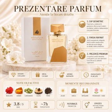 Parfum Arăbesc Lattafa Ser Al Malika 100 ml, Apă de Parfum Unisex, Aromă Condimentată cu Măr, Scorțișoară, Șofran, Ambră, Mosc, Oud și Vanilie - Img 3