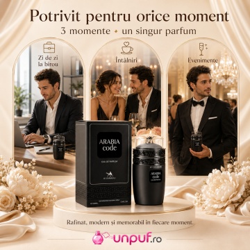 Parfum Arăbesc Le Chameau Arabia Code EDP 100 ml Bărbați, Inspirat Armani Code, Aromă Oriental Ambrată cu Citrice, Condimente, Șofran, Rășini, Flori Albe, Cedru, Ambră, Mosc și Vanilie - Img 6