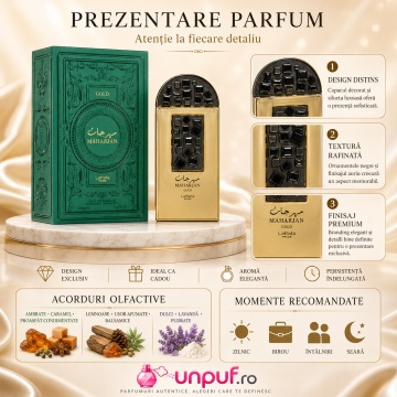 Parfum Arăbesc Maharjan Gold Lattafa Pride EDP 100 ml Damă, Inspirat Mystic Incense, Aromă Orientală cu Lavandă, Piper, Iasomie, Tămâie, Tuberoză, Ambră, Caramel, Cashmeran și Cedru - Img 6