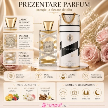 Parfum Arăbesc Mood Musk Lattafa 100 ml, Apă de Parfum Unisex, Damă și Bărbat, Aromă Oriental Florală cu Mosc Alb, Note Florale, Vanilie, Iasomie, Lemn de Santal, Ambră și Mosc - Img 3
